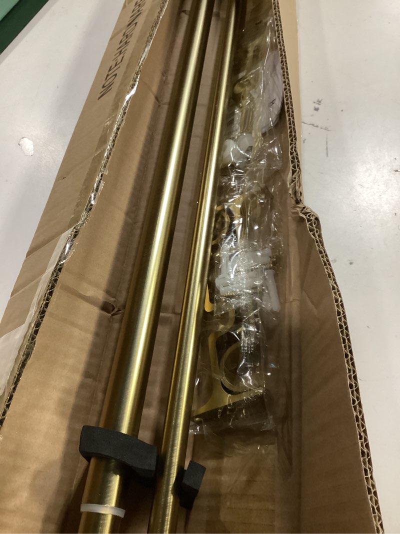 Condition photo showing Good Condition for double curtain rods for windows 72-144 inches, 1'' front and 5/8''back double drapery rods with premium aluminum brackets and end cap finials, adjustable warm gold double window curtain rod 72-144" warm gold