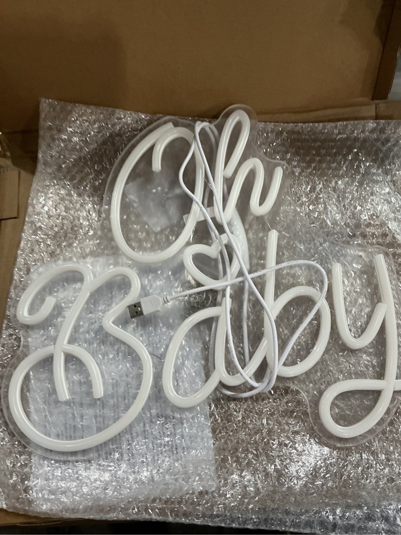 Condition photo showing As Is for oh baby neon sign for wall decor, baby shower neon sign with dimmer, warm white led light for bedroom decor, wall decoration usb powered with switch, gift for mother(14.9inchs*13inchs) oh baby two-line warm white