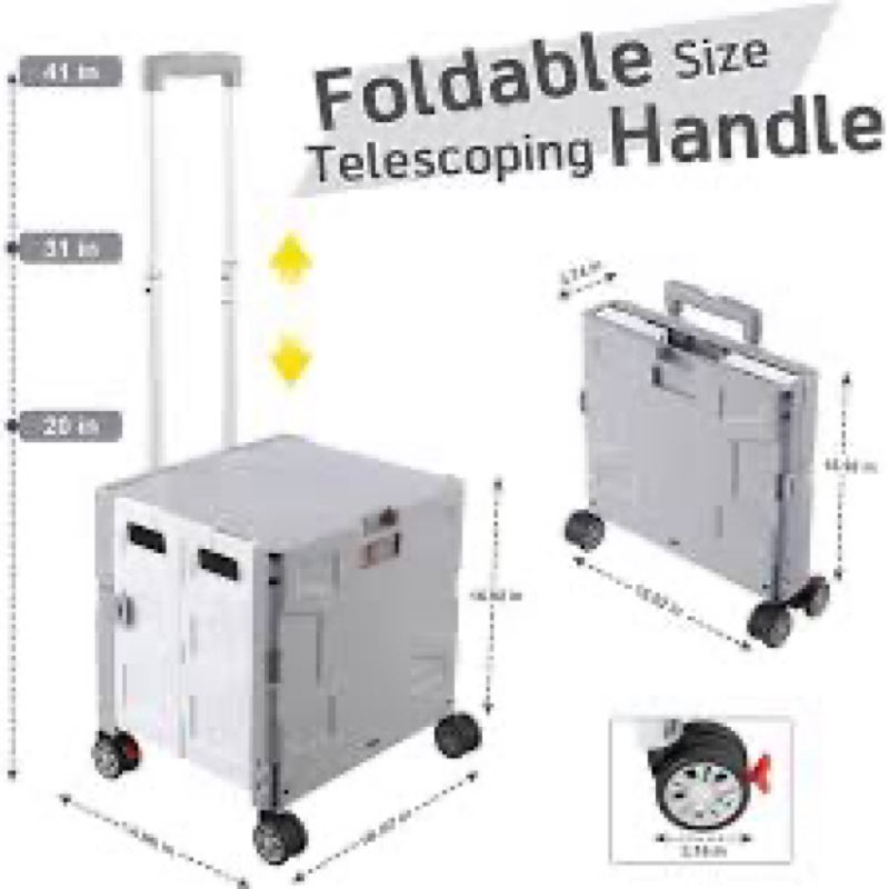 Luckybell Rolling Cart for Teachers,Rolling Crate with Telescoping Handle,Foldable Utility Cart with