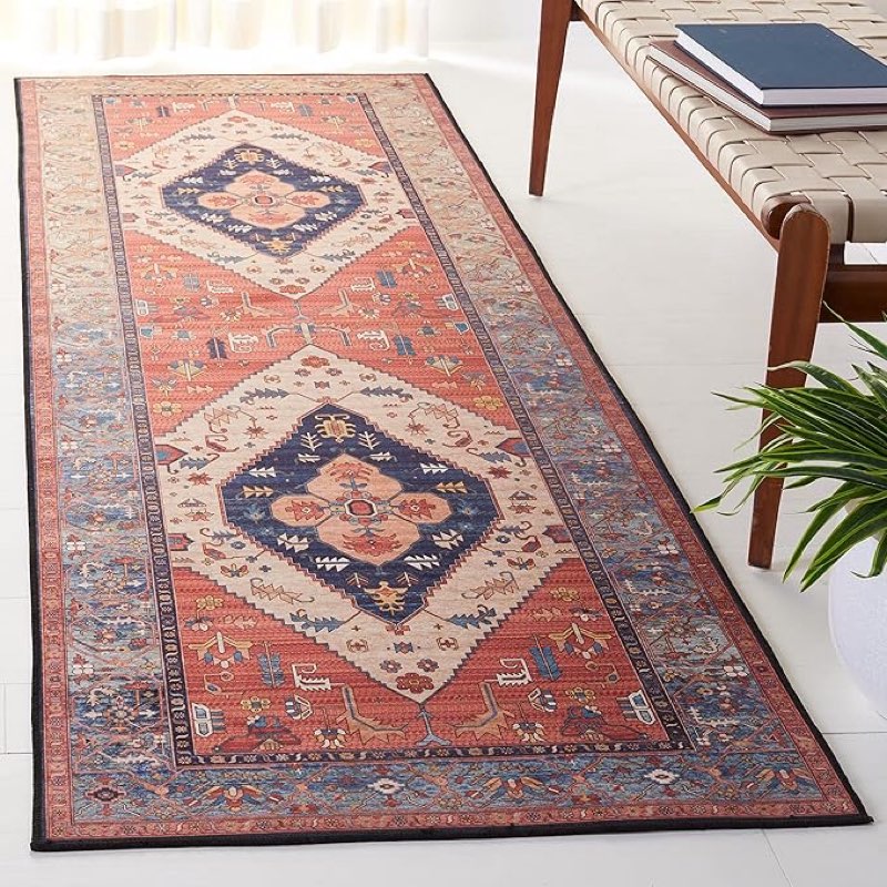 safavieh washable rug tucson collection - 2 ft 6 in x 14 ft hallway rug, rust blue and non-slip, easy to clean, ideal for living room, hallway, foyer, entrance or