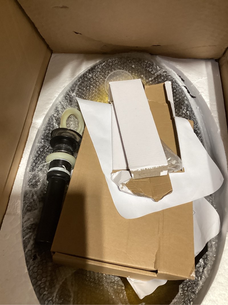 Condition photo showing As Is for Bathroom Boat Shape Artistic Glass Vessel Sink Free Black Faucet and Pop-up Drain Set, Gold