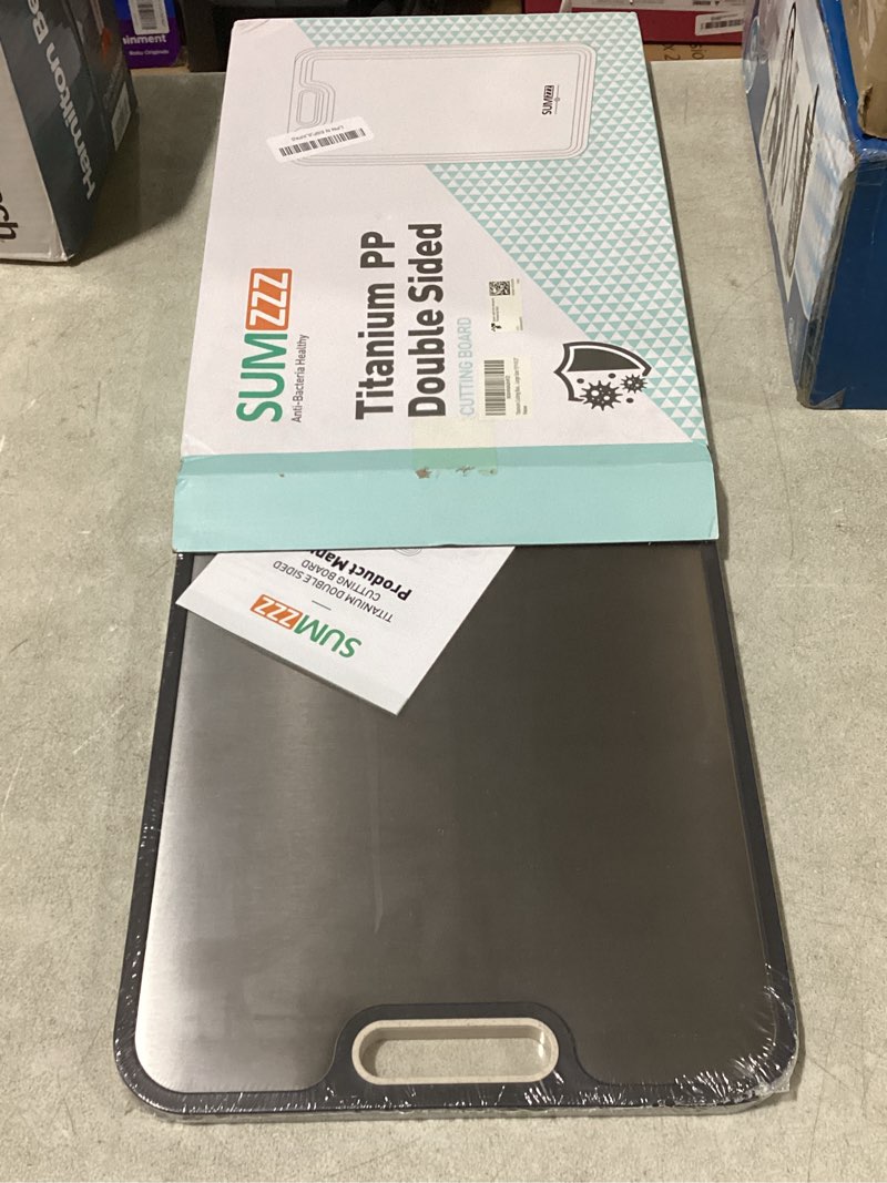 Condition photo showing New/Like New for titanium cutting board for kitchen, double sided chopping board, 99.9% pure titanium & pp, non-porous, odor resistant, safe for raw & cooked food, easy to clean, large 15”×10.3” silver set of 1 (16" x 11")