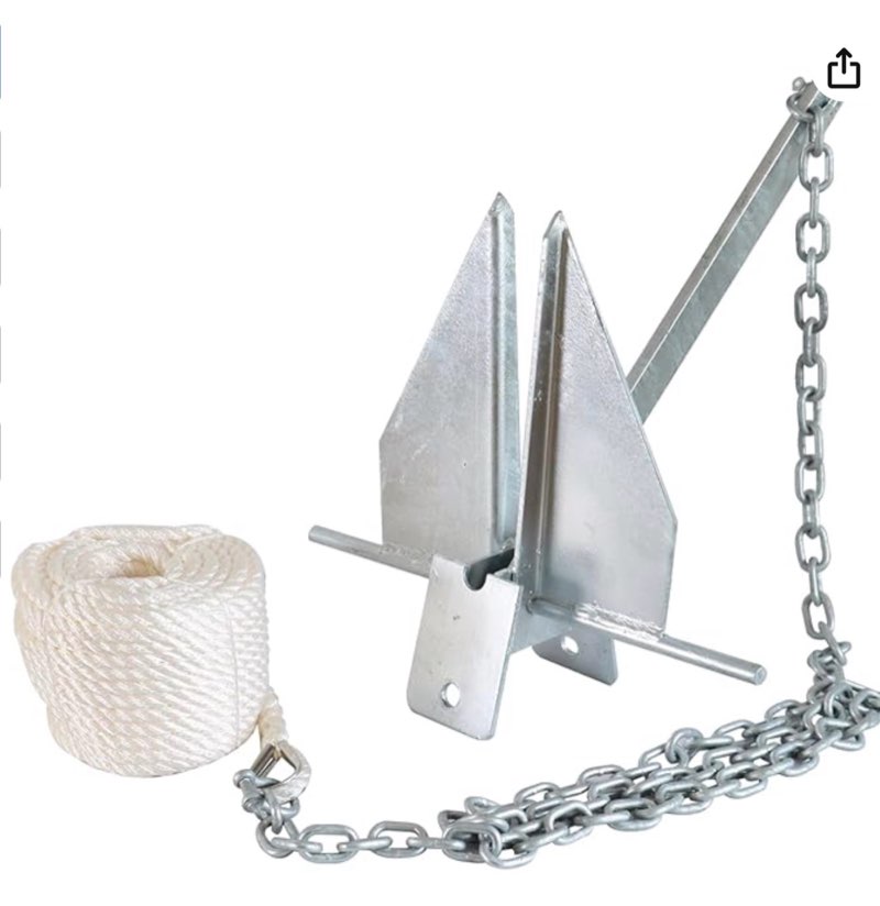 SKYSHALO Fluke Style Anchor Kit, 9.9 lbs 4.5kg. Hot-Dipped Galvanized Steel Fluke Anchor, 75 in. Rope and 0.4 in. Shackles, Boat Ancho