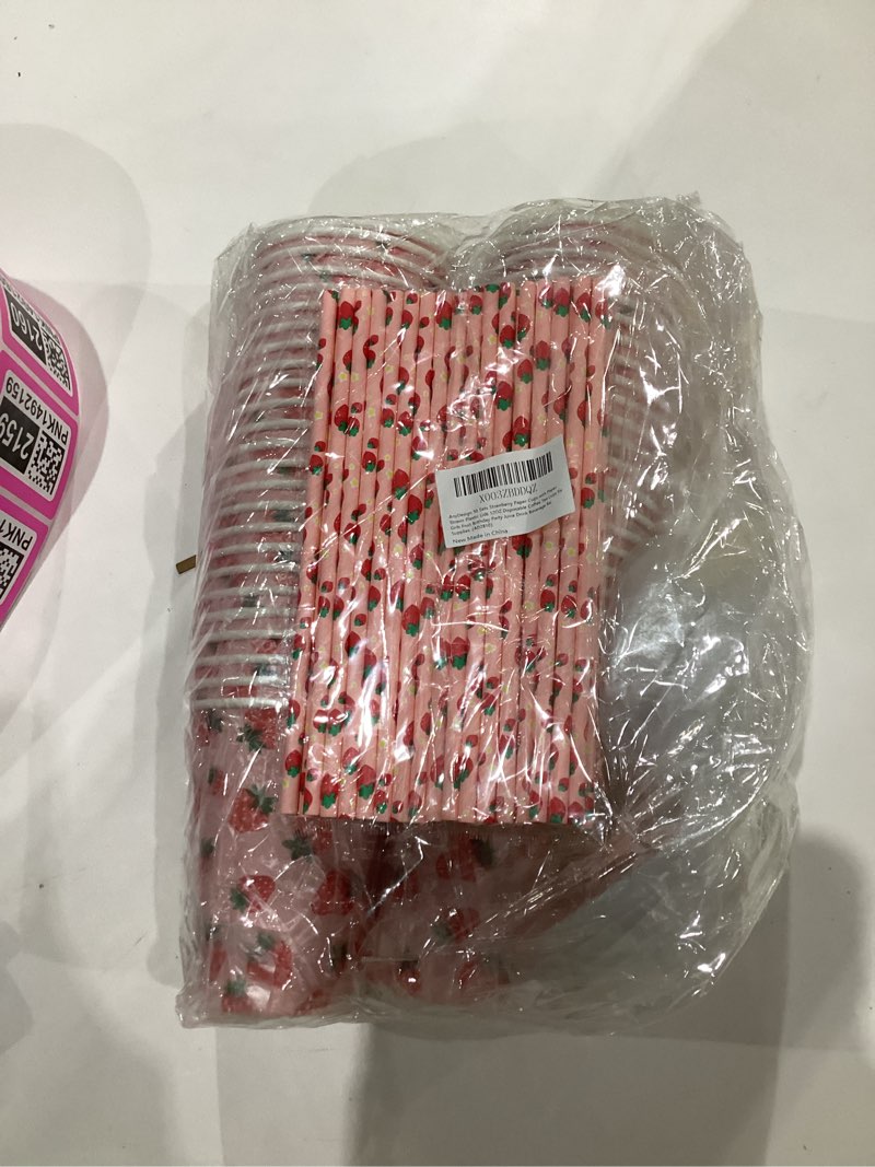 Condition photo showing New/Like New for 50 Sets Strawberry Paper Cups with Paper Straws Plastic Lids 12OZ Disposable Coffee Tea Cups for Girls Fruit Birthday Party Juice Drink Beverage Bar Supplies