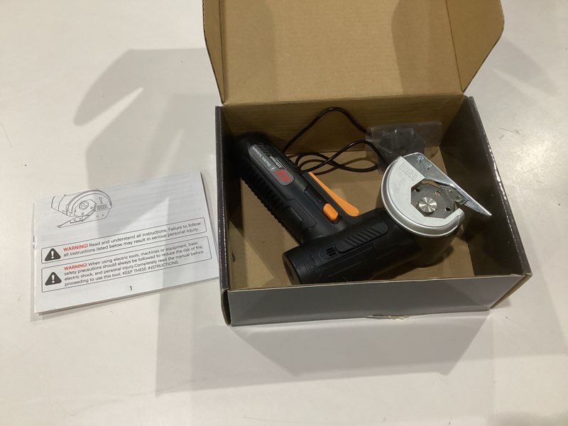 Condition photo showing As Is for 2026 upgraded cordless electric scissors - larger 1.84\" tungsten blade, wider opening, 320 rpm, 1/3\" max thickness, 3-speed & led display, cardboard cutter designed for cardboard box, black 4v-320rpm (2 blades-1.84\" included), not tested