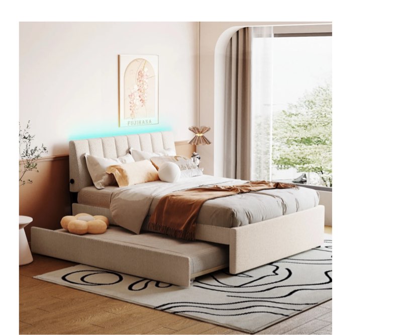 ( incomplete)Teddy Fleece Full Size Upholstered Platform Bed with Twin size Trundle Beige