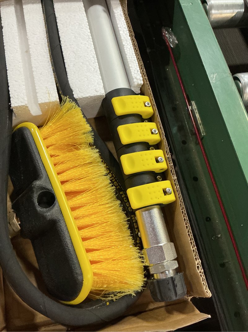Condition photo showing Good Condition for janz 24 ft, aluminum telescoping pressure washer wand with 2 pressure washer extension wands,gutter cleaner attachment, 7 spray nozzle tips, 2 hose inlet adapters, pivoting coupler and support harness yellow