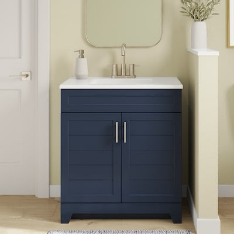 style selections kirkman 30-in deep ocean blue single sink bathroom vanity with white marble