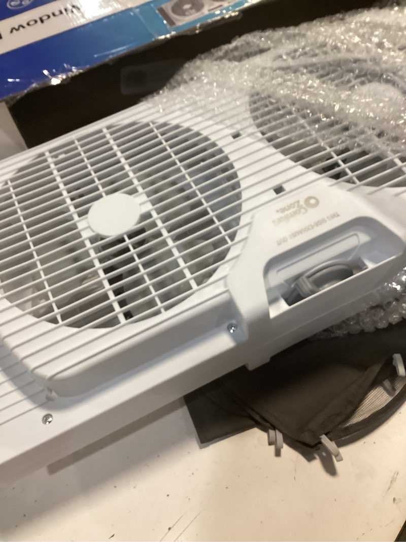Condition photo showing Good Condition for comfort zone 9-inch 3-speed reversible twin window fan – dual blade window exhaust fan with auto-locking expanders, 22.25" to 33" wide – tabletop feet & removable bug screen included white 3-speed