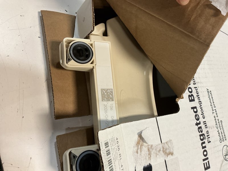 Condition photo showing As Is for kohler 4636-rl-47 cachet readylatch elongated toilet seat slow close, soft close toilet seat quiet lid, contoured grip-tight bumpers installation hardware, apartment essentials. almond almond elongated ready latch