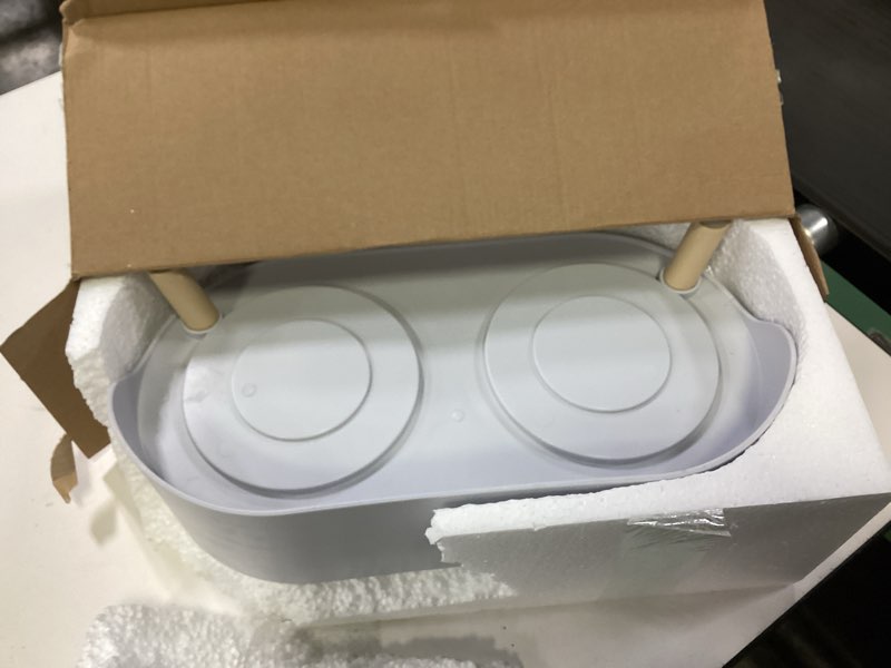 Condition photo showing New/Like New for Elevated Slow Feeder Dog Bowls - Ceramic Food and Water Bowl Set with Stand - Raised Pet Dishes for Small and Medium Sized Dogs Medium White