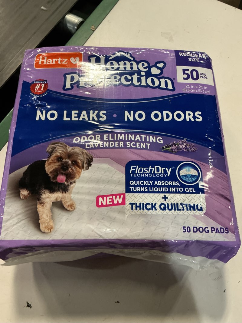 Condition photo showing New/Like New for hartz home protection super absorbent odor eliminating lavender scented no leak dog pads, 50 count 21 x 21 (50 count)