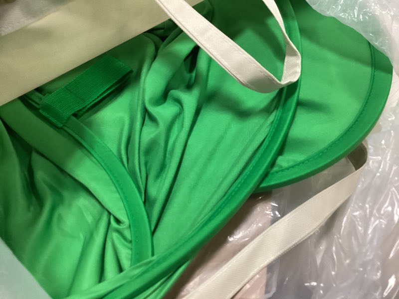 Condition photo showing Good Condition for portable green screen chair, 59 in greenscreen backdrop with stand double sided foldable green background, chroma key, for video chats and meetings, photography, photo zoom, streaming games