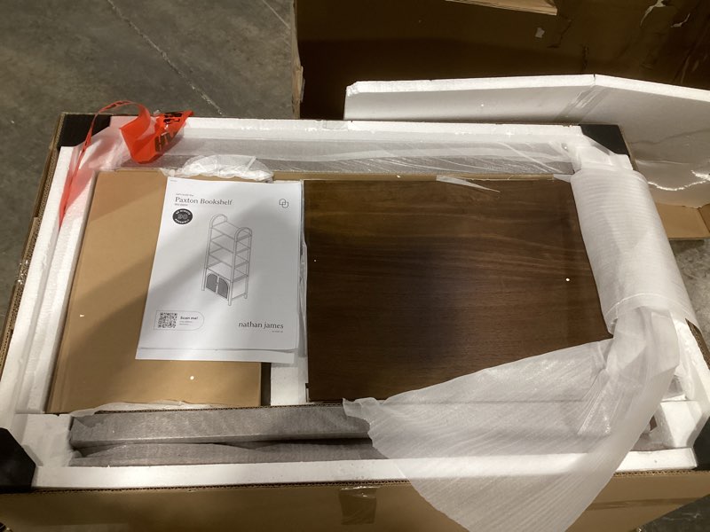 Condition photo showing Good Condition for Nathan James Paxton Boho Arched Bookshelf with Solid Wood Frame and Rattan Cabinet, Dark Acacia Dark Acacia-synthetic Rattan-brushed Brass 1