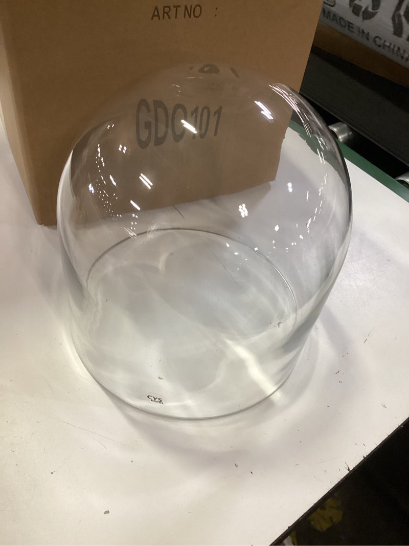 Condition photo showing As Is for glass cloche display dome with black/burnt wood base (h:11" d:11")