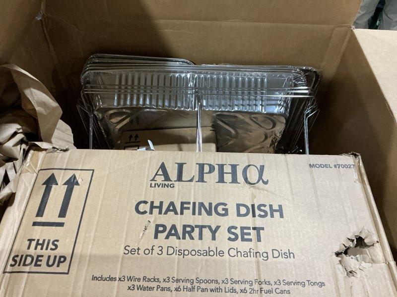 Condition photo showing As Is for Large Full Size 33-Pcs Disposable Chaffing Buffet with-Covers, Utensils, Fuel Cans – Premium Chafing Dish Set for Events, Parties, Catering Complete Kit (with Racks)
