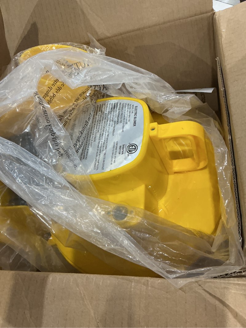 Condition photo showing As Is for wellfuntime 470w yellow air blower for inflatable bounce house, water slide, jumping castle, inflatable screen and inflatable tent, dual use for yard leaf blowing
