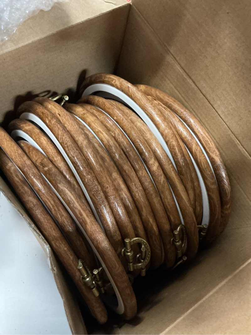 Condition photo showing Good Condition for Burbell 15 Pcs 6 Inch Round Embroidery Hoops Frame Circle Rubber Hoops Ring Display Cross Stitch Ornament Imitated Wood Frame Kits for Christmas Halloween Craft Sewing DIY Hanging Gifts