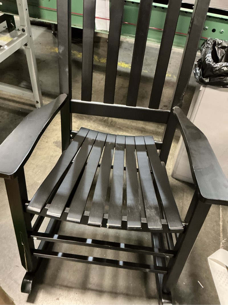 Condition photo showing As Is for style selections black wood frame rocking chair with slat seat