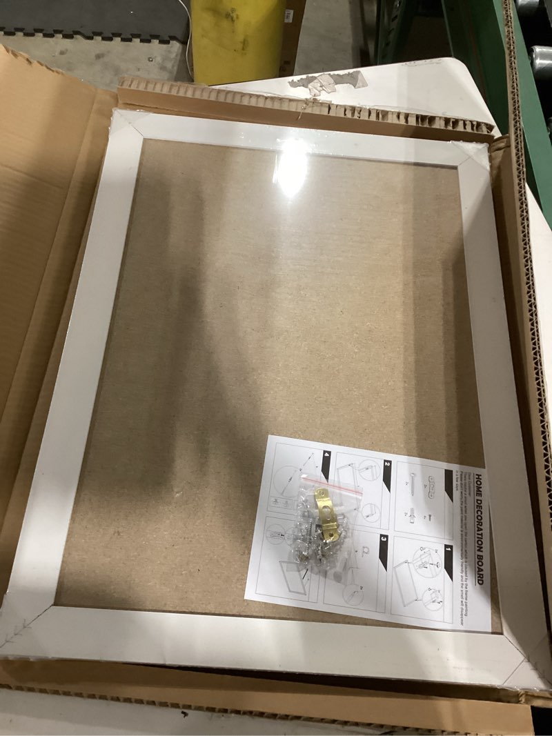 Condition photo showing New/Like New for DOLLAR BOSS White Cork Board for Wall - 24 X 18 Inches, Rustic Wooden Frame Bulletin Board, Decorative Hanging Pin Board for Office & Home Decor White 24''X 18‘’