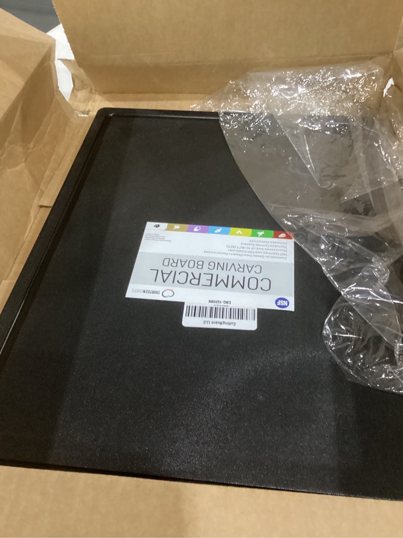 Condition photo showing As Is for commercial grade large 20 x 15 black cutting board with groove - 1/2" thick hdpe for grilling, bbq, steaks and meats - nsf approved for food service kitchens 20"l x 15"w black