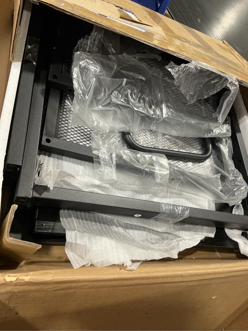 Condition photo showing Good Condition for rolling utility cart featuring a top shelf, a pull-out middle drawer, a large bottom mesh basket, and hanging side hooks.