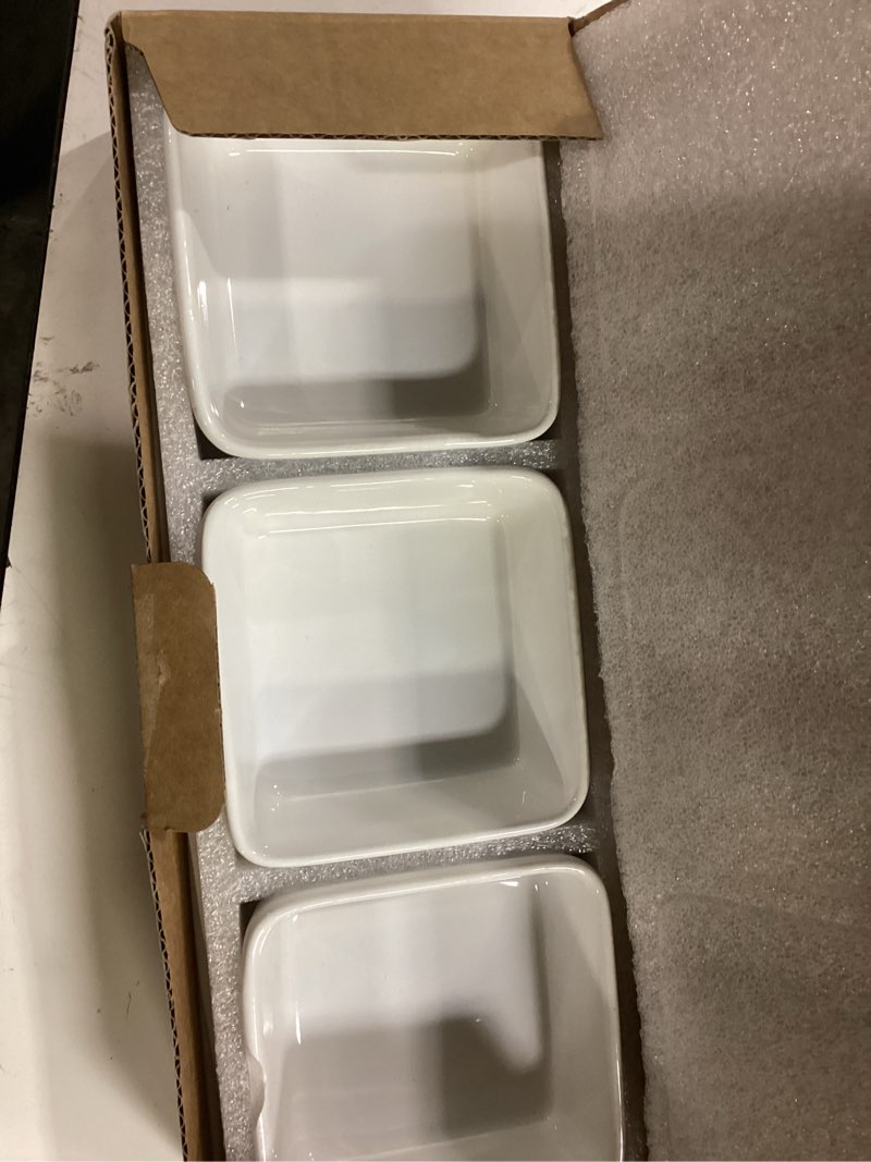 Condition photo showing As Is for 3 Pack Chip & Dip Serving Set with Wooden Tray, Oven Safe Bowls for Parties, Hosting Gifts, Cranberry/Soy Sauce Dish & Entertaining Essentials White