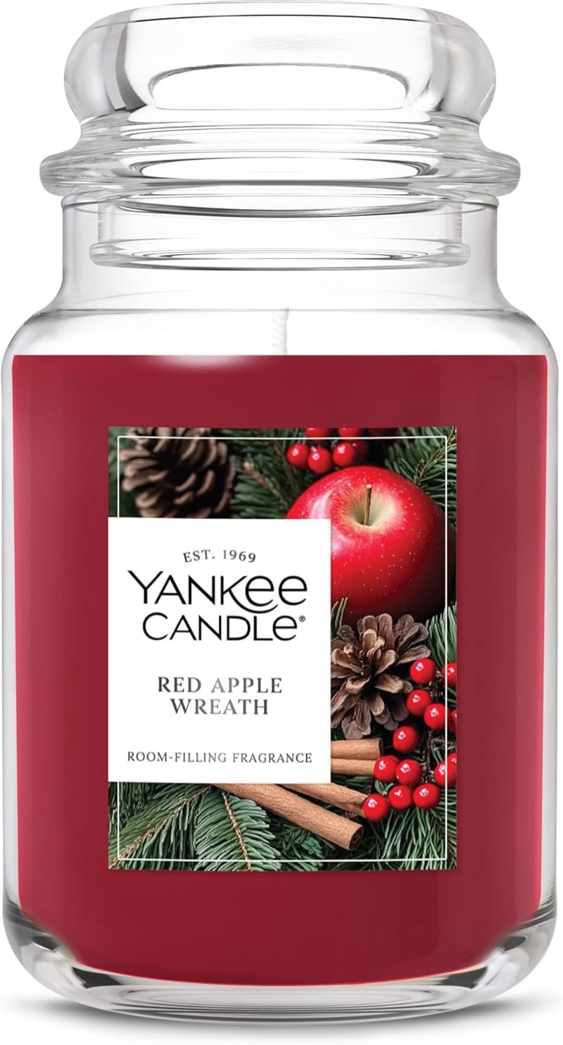yankee candle red apple wreath, fall scented candle, 22oz large jar with up to 150 hour burn time