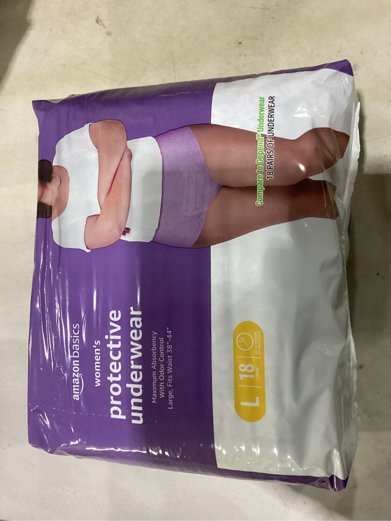 Condition photo showing Good Condition for amazon basics postpartum incontinence underwear for women, maximum absorbency with bladder leak protection, fresh protection, disposable, large, lavender, 18 count large 18.0