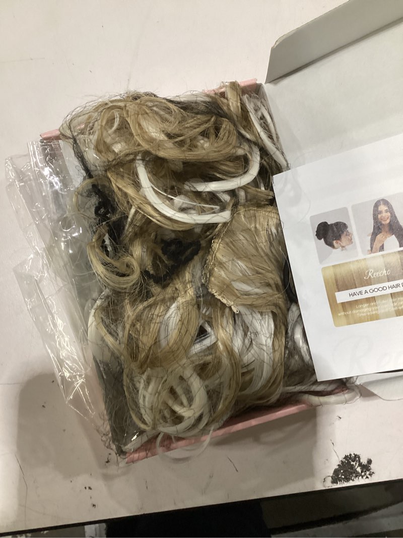 Condition photo showing Good Condition for REECHO Curly Hair Extensions, 4PCS 16 inch Clip in Hair Extensions Lace Weft Short Curly Hair Extensions Clip Ins Invisible Natural Hairpieces for Women, Ash Blonde with Highlights Ash Blonde with Highlights 16 Inch