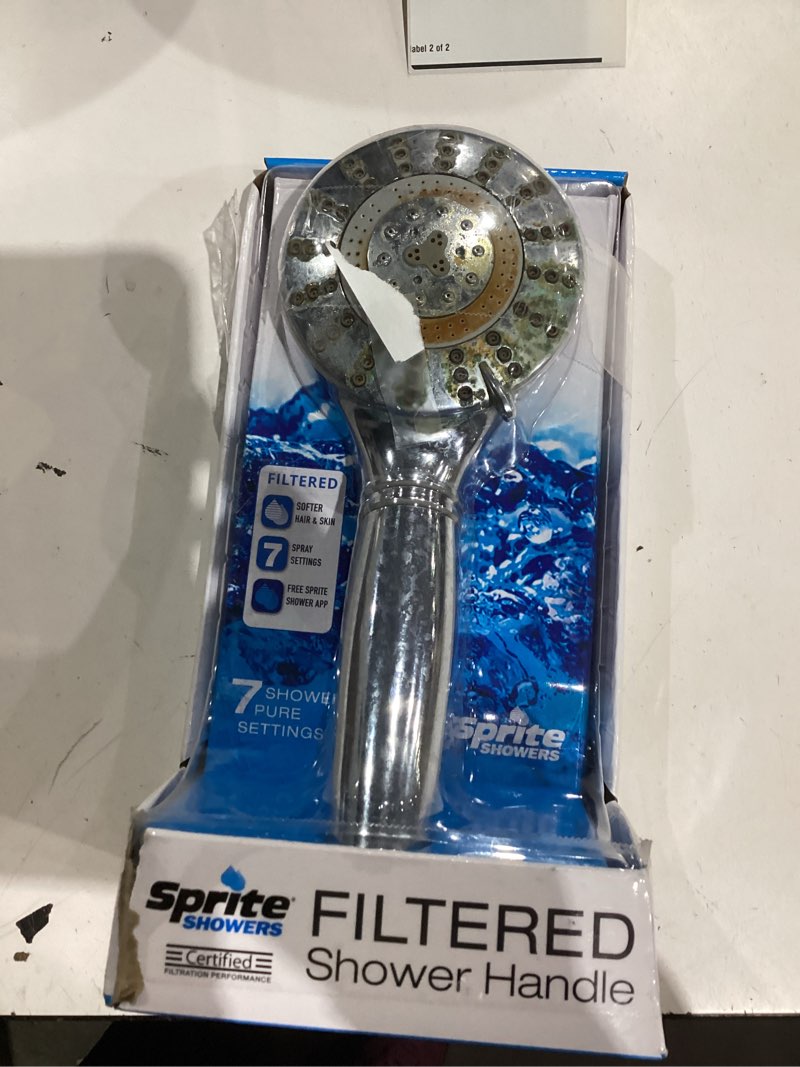 Condition photo showing As Is for sprite shower pure 7-settings chrome 4.5-in round handheld filtered shower head 2.5 gpm
