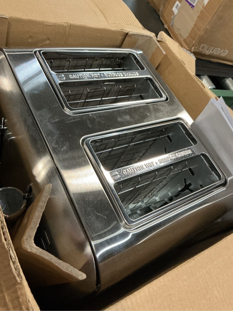 Condition photo showing As Is for ramjoy toaster 2 slice, extra wide slot toaster for bagels, bread, waffles, 7 shade settings, 4 main functions, removable crumb tray, 900 watts toasters, brushed stainless steel stainless steel 2-slice