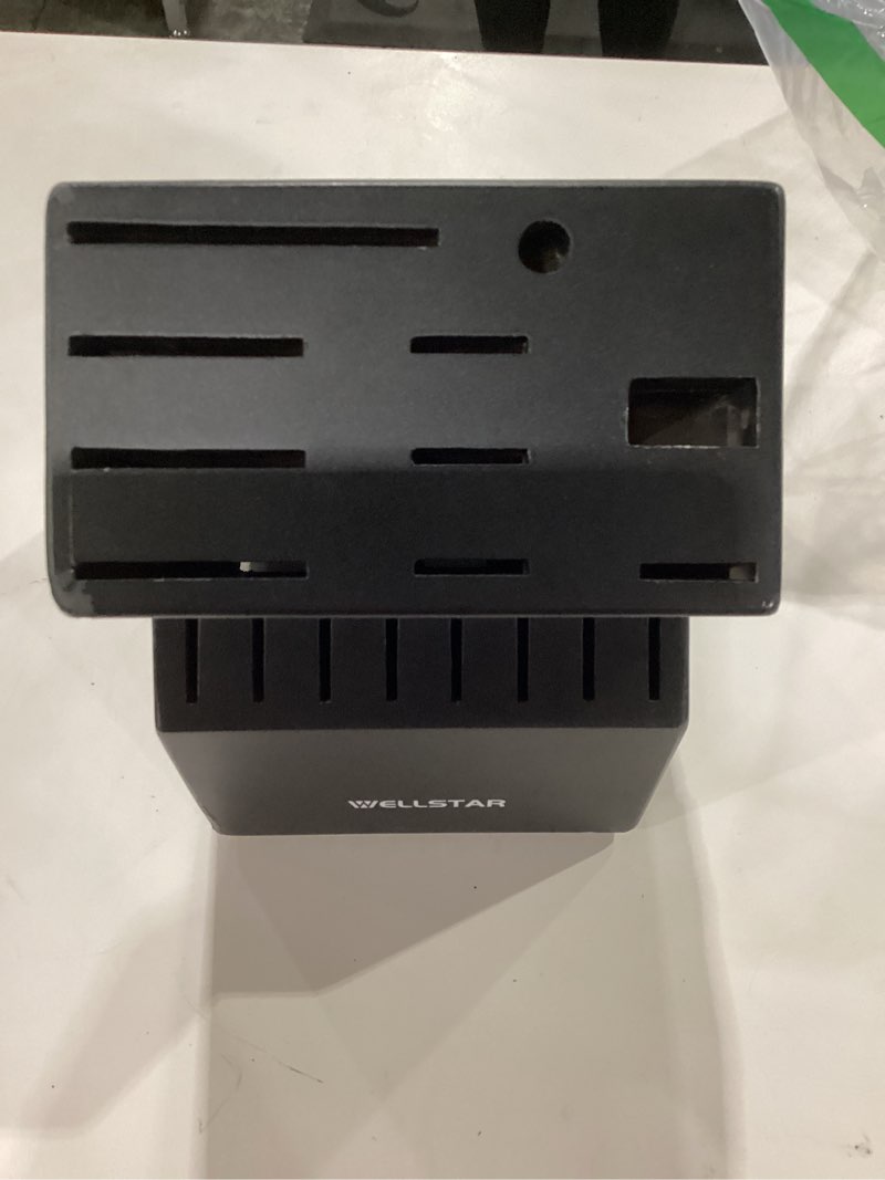 Condition photo showing Good Condition for 18-Slot Kitchen Knives Block, WELLSTAR Large Capacity Natural Wooden Knife Holder without Knives – Modern Hard Wood Counter-top Knife Storage with Built-in 2-Stage Knife Sharpener - Black 18 Slots