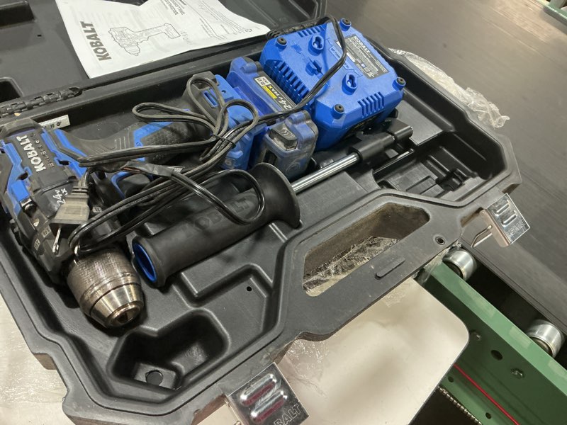 Condition photo showing As Is for kobalt xtr 24-volt 1/2-in keyless brushless cordless drill 1 -batteries included, and charger included