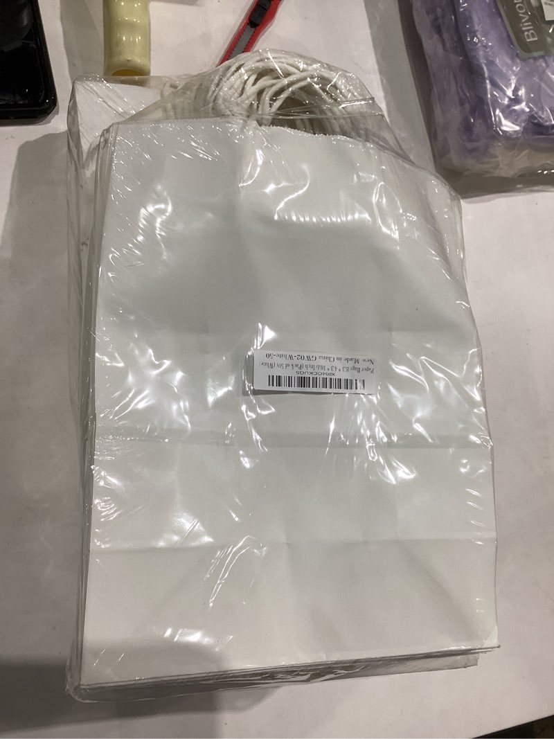 Condition photo showing New/Like New for BAG BOX 50 Pack 8.25x4.3x10.6 Inch White Gift Bags with Handles,Bulk Kraft Paper Bags for Shopping, Retail, Merchandise, Wedding, Party Favors, Paper Grocery Sacks