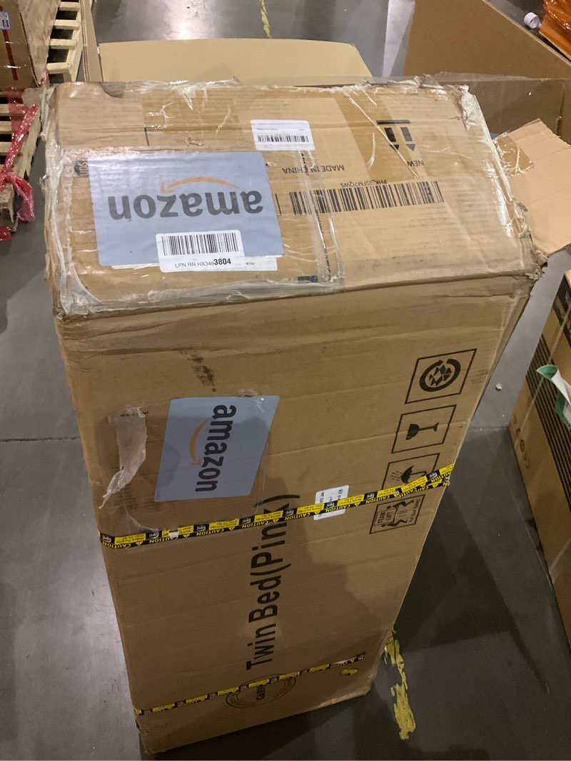 Condition photo showing As Is for Garvee LED Twin Size Bed Frame with Storage Headboard, Kids Bed Frame with 2 Drawers, Boucle Upholstered Platform Bed for Girls, Chic Wavy Headboard with Bookcase, No Box Spring Needed, Pink Pink Twin