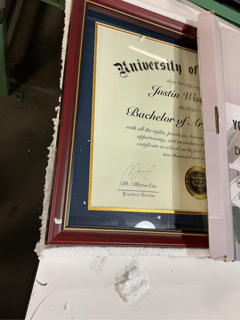 Condition photo showing As Is for Luminary 16x20 Wood Diploma Frame with 14x17 Opening Navy Mat for College Degree Certificate Document, Cherry Red Color Wooden Frame with Tempered Glass Panel for Wall Mount Display Navy 16x20 for 14x17