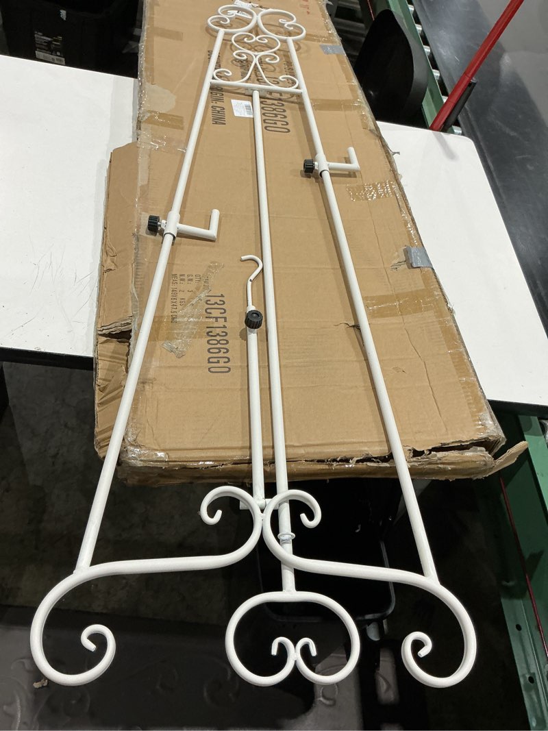 Condition photo showing Good Condition for metal free standing adjustable display stand scroll easel with chain support, white easel stand for sign, wedding, picture frame. (no installation required) scroll-white