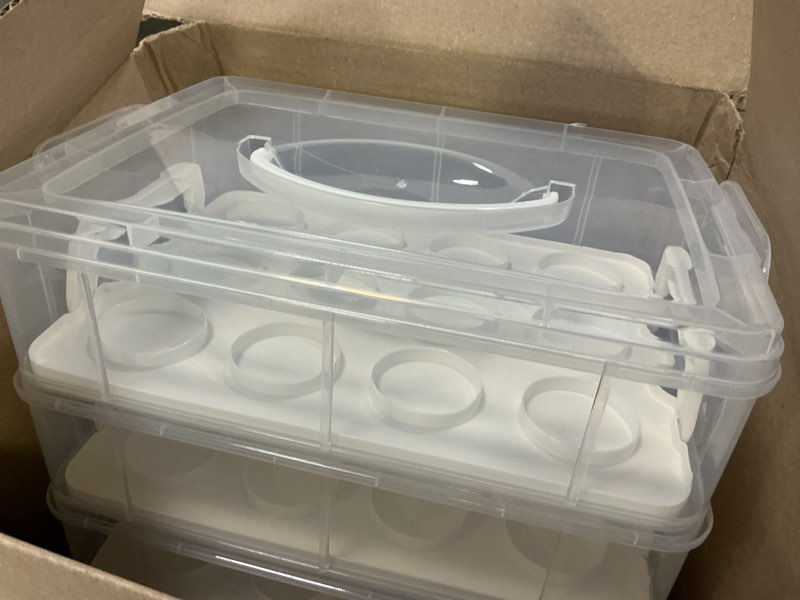 Condition photo showing Good Condition for Cupcake Carrier, 3-Tiers Cupcake Containers, Holds 36 Cupcakes or 3 Large Cakes, Cupcake Holder, Cupcake Box with Lid and Handle (White, Basic) White Basic