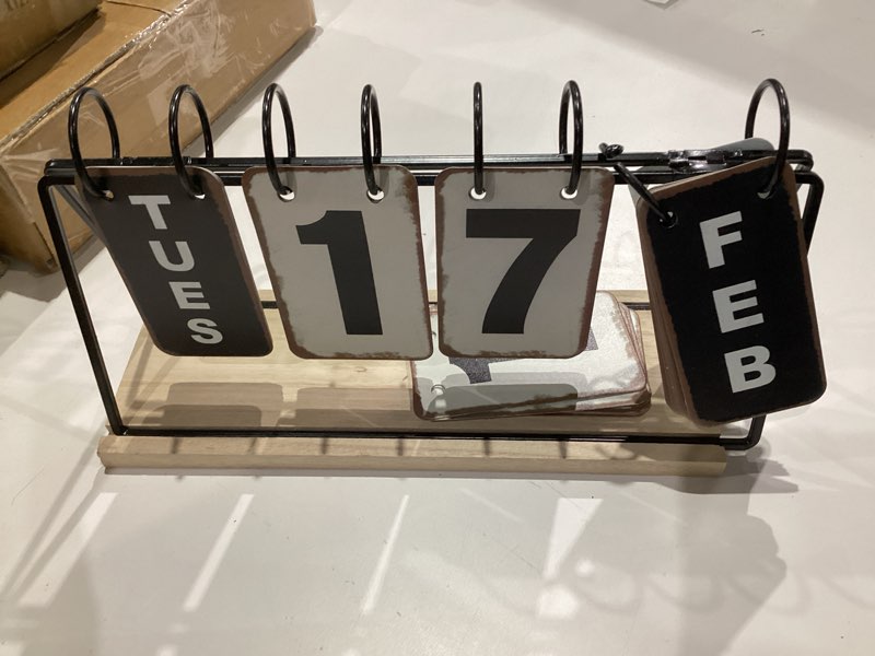 Condition photo showing As Is for metal flip calendar with wooden base, daily perpetual desk calendar with large display, modern farmhouse desktop calendar for home office decor, reusable and foldable