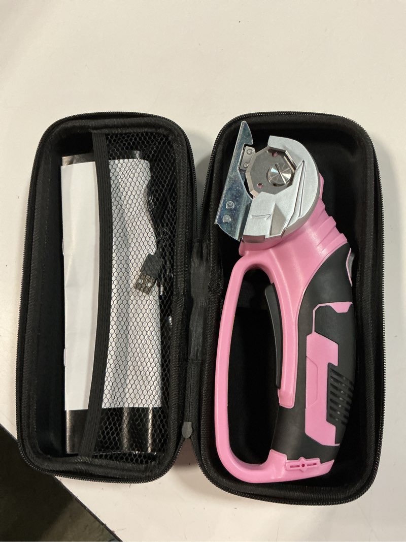 Condition photo showing Good Condition for cordless electric scissors, 4v rechargeable box cutter & cardboard cutter with led light, safety lock - rotary cutter for fabric, leather, carpet, plastic, crafting, sewing with storage box (pink) pink-storage bag + blade