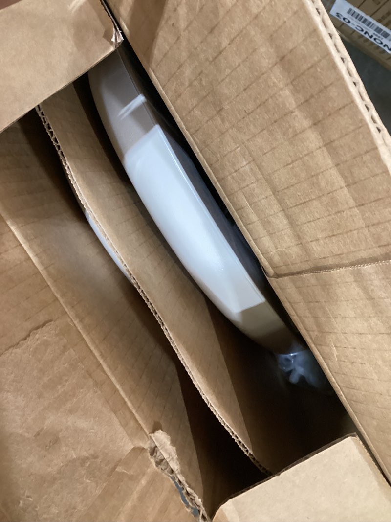 Condition photo showing As Is for mayfair padded toilet seat, cushioned soft vinyl over wood core seat, secure hinges, easy clean, made in usa, elongated, bone round bone toilet seat