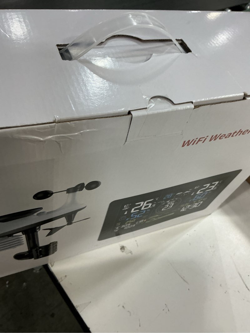 Condition photo showing Good Condition for wifi weather station wireless indoor outdoor, thermometer with rain gauge and wind speed/direction, large display for weather forecast, temperature, humidity, clock, alarm, uv, air pressure, black