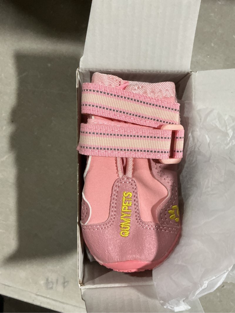 Condition photo showing Good Condition for qumy dog shoes for large dogs, medium dog boots & paw protectors for winter snowy day, summer hot pavement, water-resistant in rainy weather, outdoor walking, indoor hardfloors skid-resistant sole pink size 1: 1.8''x2.3''(w*l) (pack of 4)