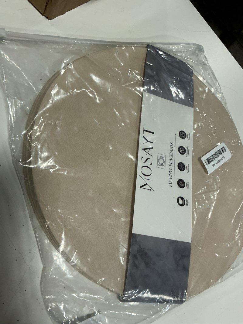 Condition photo showing Good Condition for mosayt 13 inch round vinyl placemats set of 6 - faux leather 100% waterproof oil-proof wipeable pu place mats, heat resistant reversible table mats for kitchen, dining, outdoor, beige