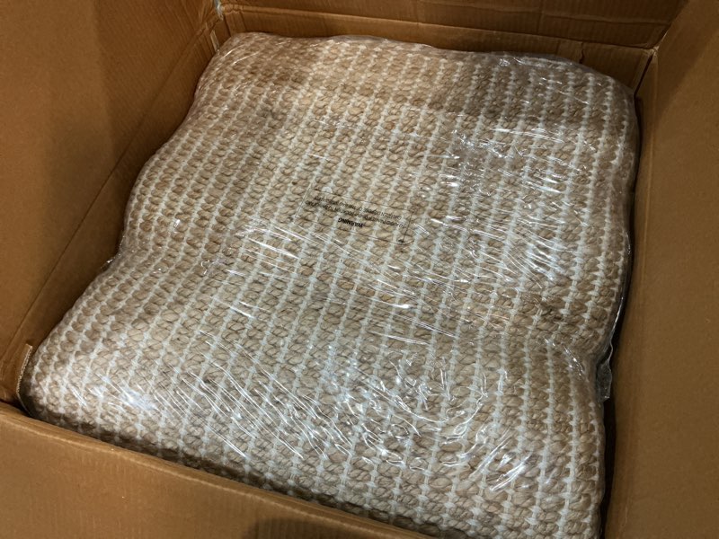 Condition photo showing Good Condition for 8x10 feet natural jute & wool area rug,– handwoven mini check natural fiber rug with 4" border, neutral boho farmhouse rug for living room,dining room,bedroom | 0.6" pile (8' x 10') 8' x 10' (rectangular) white -natural jute