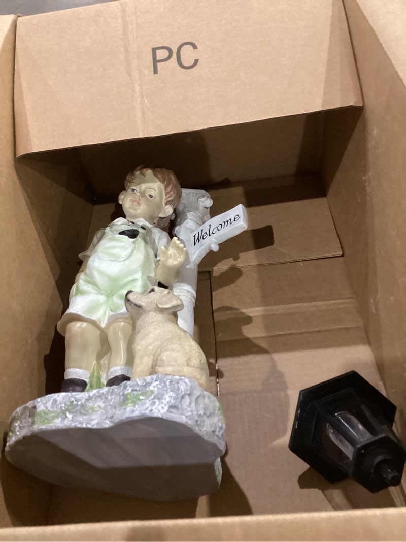 Condition photo showing As Is for solar boy statue welcome sign garden statues for garden decor, porch, lawn, yard art decorations, resin 23.2h inch