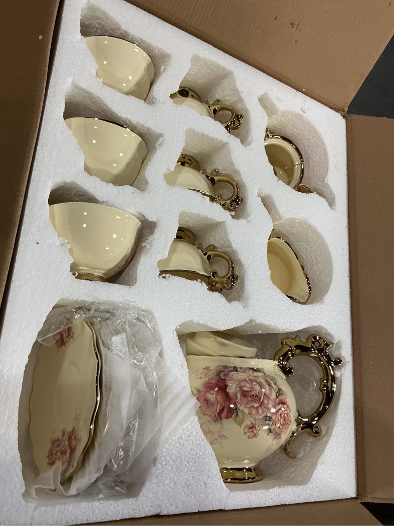 Condition photo showing Good Condition for fanquare 15 pieces british porcelain tea set, floral vintage china coffee set, wedding tea service for adult, big tea cup