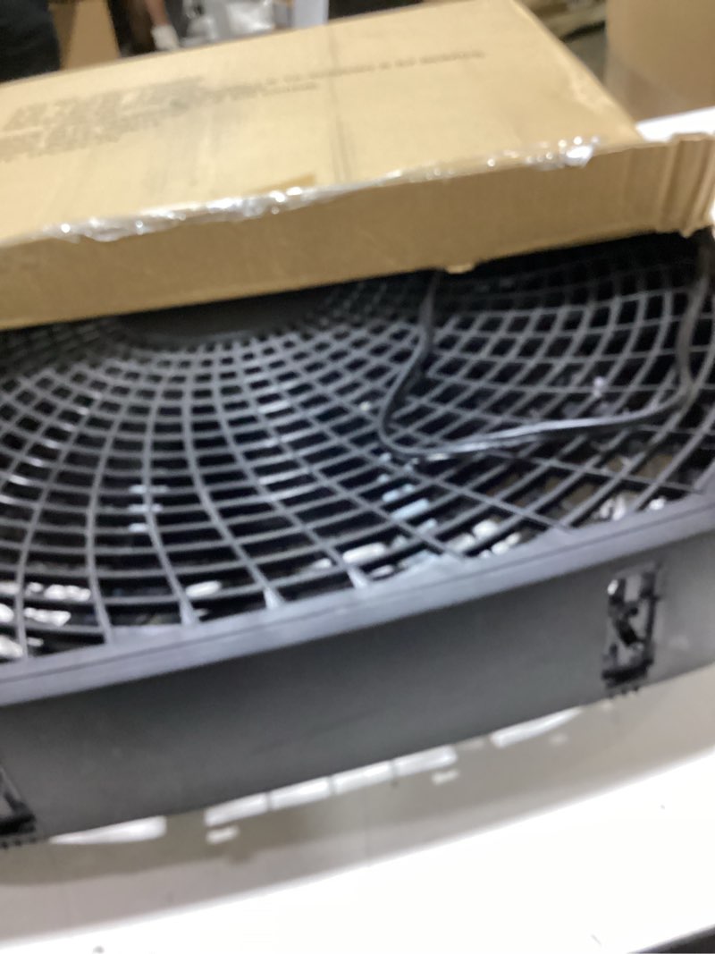 Condition photo showing As Is for amazon basics 3-speed box fan for bedroom, portable with carry handle, powerful airflow, 5 blades, lightweight design, 67 watts, 20-inch, black, 6.8"d x 20.86"w x 21.33"h