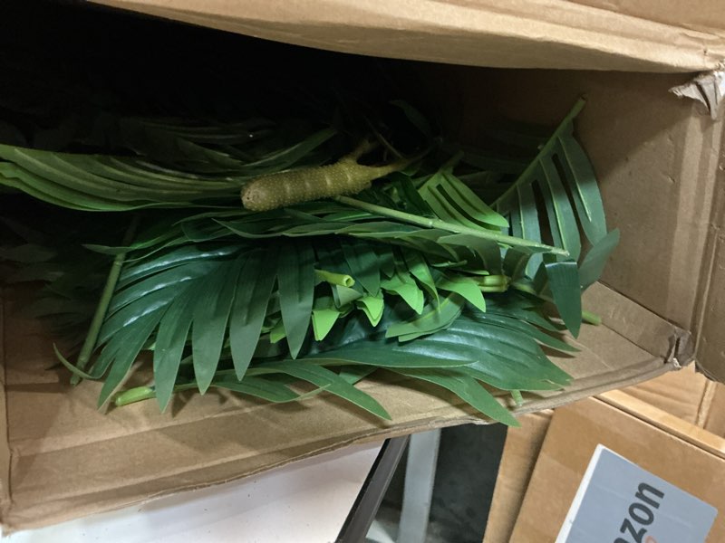 Condition photo showing As Is for tigeen 4 pcs artificial palm leaves tree 33 inch fake tropical plant with stems large faux palm leaf bush greenery for hawaiian luau, jungle safari, pool beach party, wedding, garden, indoor outdoor